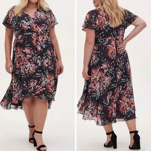 Torrid Swiss Dot Floral Faux Wrap High-Low Midi Dress Sz 1X Dark Romantic Boho - Picture 1 of 15